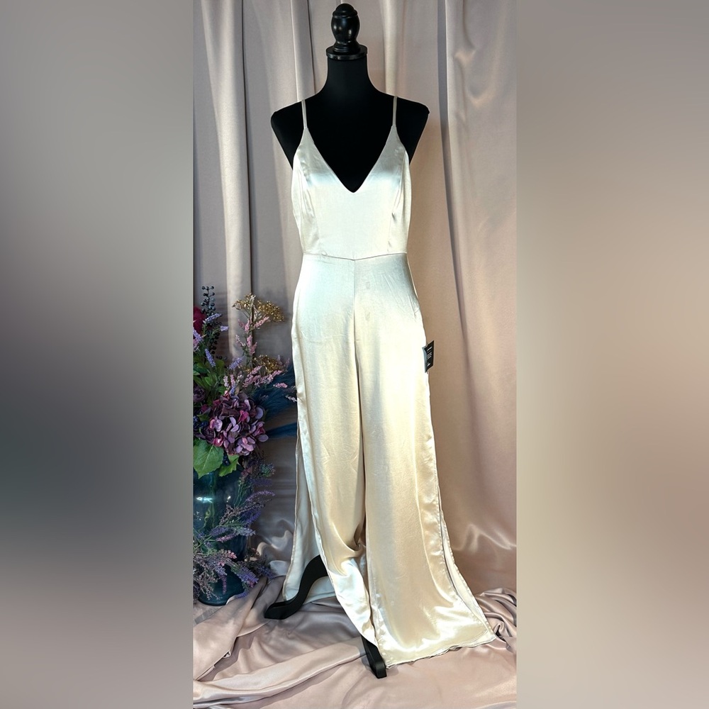 Lulus You're My Favorite Champagne Satin Slit Leg Jumpsuit - Picture 3 of 16